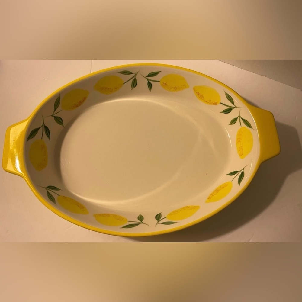 Terramoto “ Lemons” White w Yellow Ceramic Bakeware Serveware Oval Handles Dish